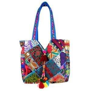 HANDCRAFTED Tribe Azure MULTICOLOR PATCHWORK TOTE SHOULDER BAG HANDBAG PURSE